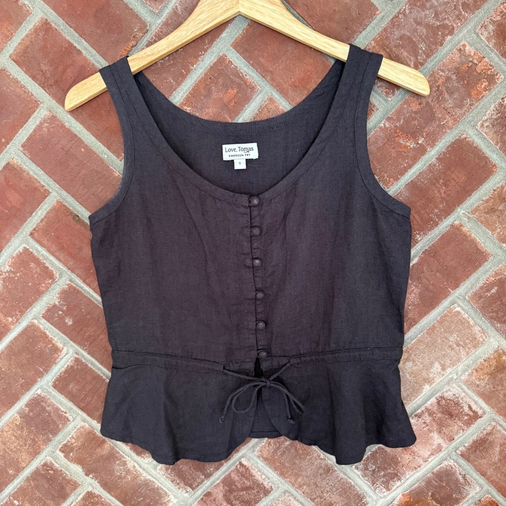 Love Tomas Emerson Fry Peplum Tank Top Women S Brown Linen Button Front Tie